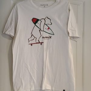 Hurley White Tee with Bear and Surfboard Graphic